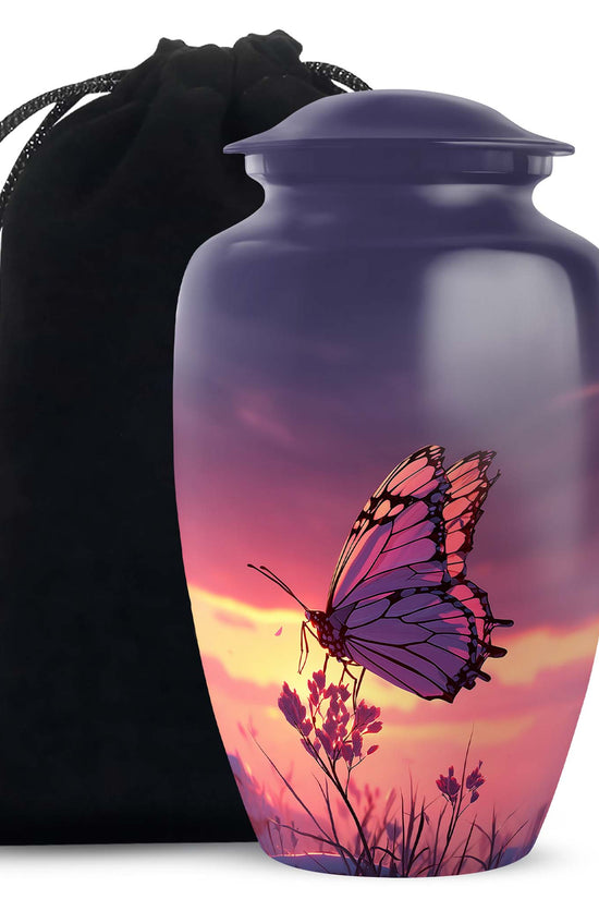 Serene Blue Butterfly Cremation Urn angled view of lid and engraved motif - traditional butterfly engraving with hand-polished finish - full-size 10 inch 200 cubic inch adult cremation urn