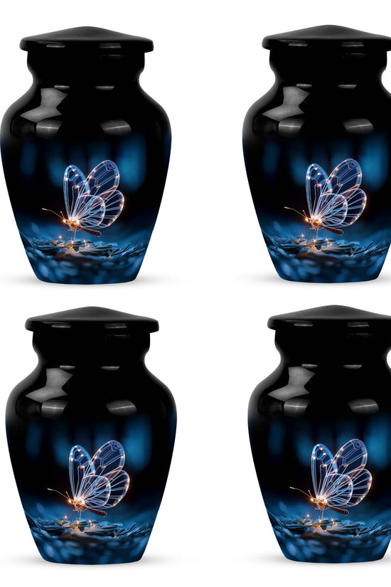 Onyx Black Butterfly Cremation Urn side profile showing urn shape - traditional butterfly engraving with hand-polished finish - 10 inch aluminum urn for cremated remains