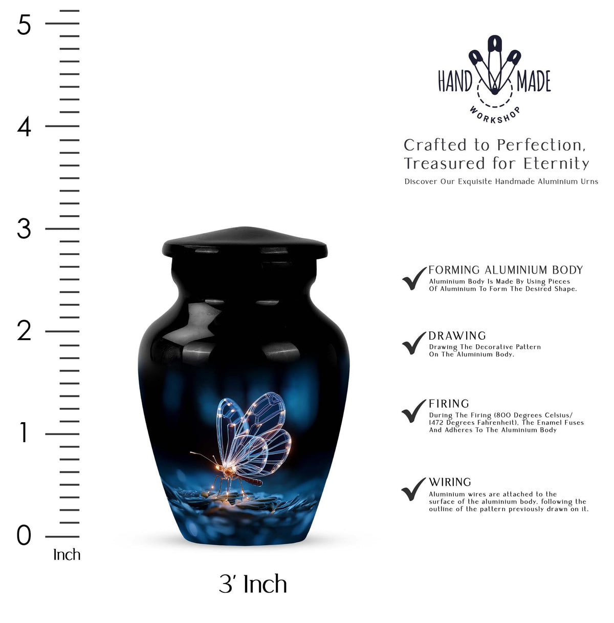Jet Black Butterfly Cremation Urn close-up of engraving and surface detail - timeless butterfly motif etched into premium metal - mini keepsake memorial for portion of cremation ashes