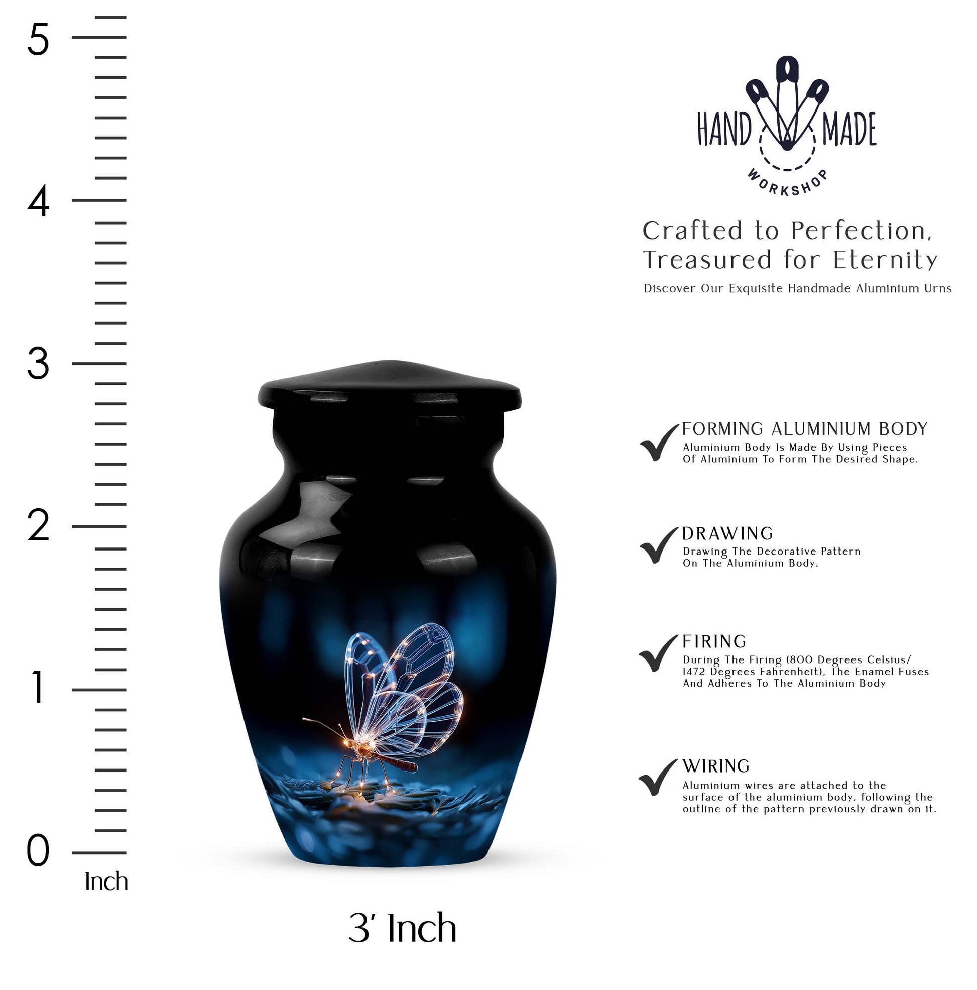 Jet Black Butterfly Cremation Urn close-up of engraving and surface detail - timeless butterfly motif etched into premium metal - mini keepsake memorial for portion of cremation ashes