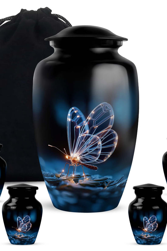 Deep Black Butterfly Cremation Urn top-down view of secure threaded lid - timeless butterfly motif etched into premium metal - memorial set with one large and four small urns