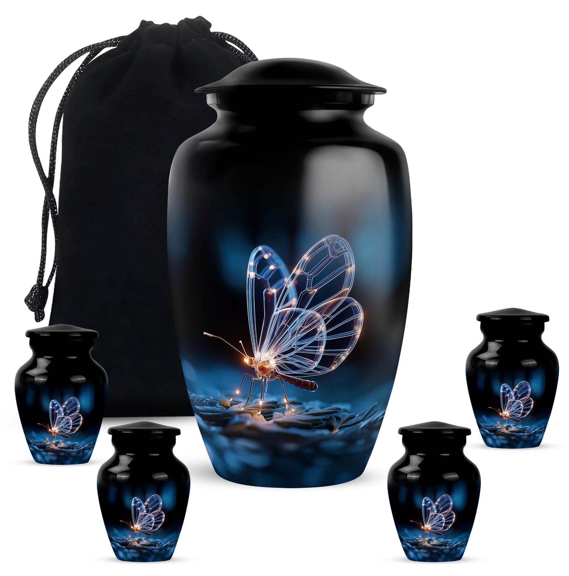 Deep Black Butterfly Cremation Urn top-down view of secure threaded lid - timeless butterfly motif etched into premium metal - memorial set with one large and four small urns