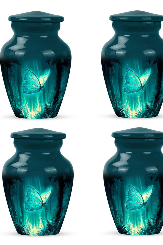 Mystic Teal Butterfly Cremation Urn side profile showing urn shape - elegant classic butterfly relief with fine detailing - 10 inch aluminum urn for cremated remains