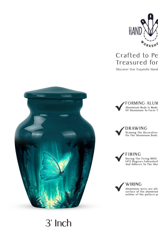 Soft Teal Butterfly Cremation Urn close-up of engraving and surface detail - timeless butterfly motif etched into premium metal - mini keepsake memorial for portion of cremation ashes