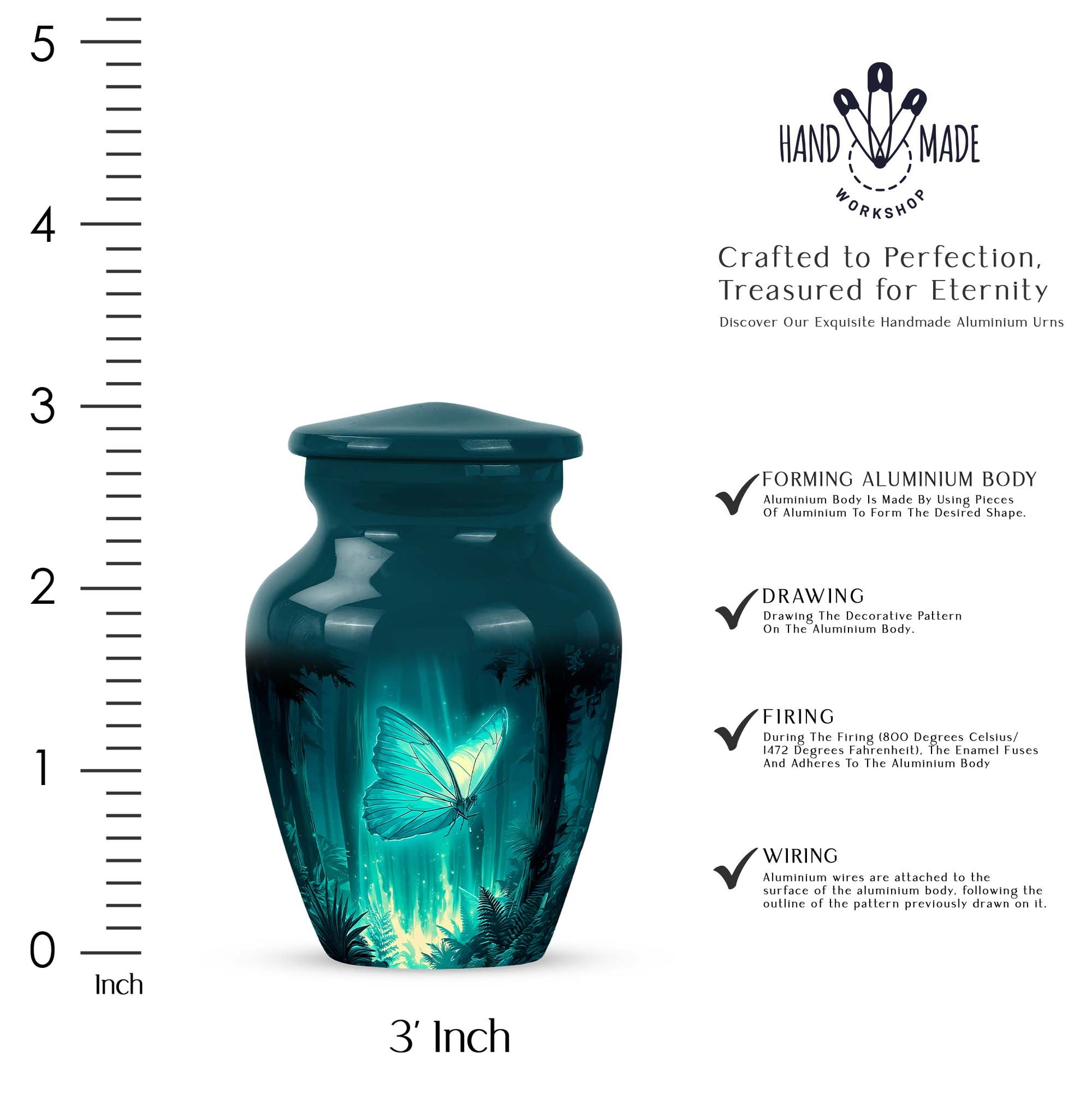 Soft Teal Butterfly Cremation Urn close-up of engraving and surface detail - timeless butterfly motif etched into premium metal - mini keepsake memorial for portion of cremation ashes