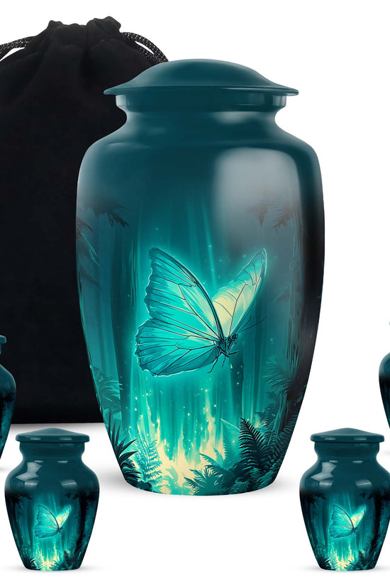 Vivid Teal Butterfly Cremation Urn top-down view of secure threaded lid - traditional butterfly engraving with hand-polished finish - memorial set with one large and four small urns