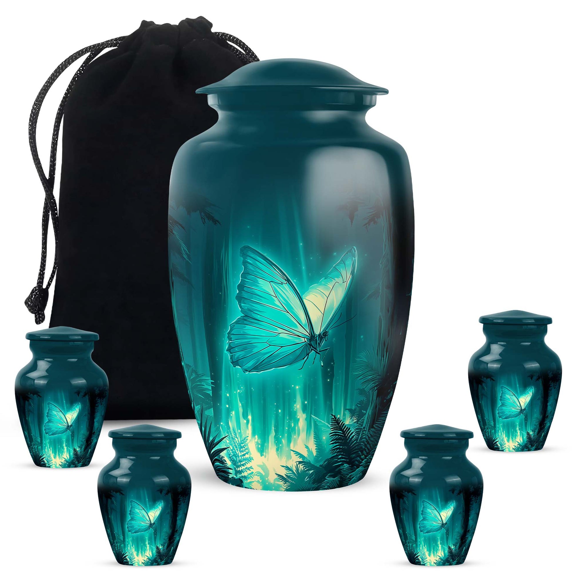 Vivid Teal Butterfly Cremation Urn top-down view of secure threaded lid - traditional butterfly engraving with hand-polished finish - memorial set with one large and four small urns