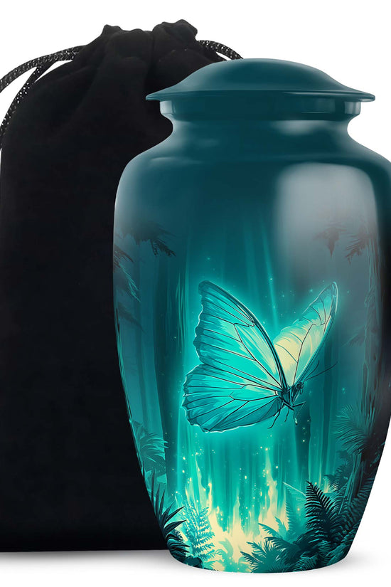 Jewel Teal Butterfly Cremation Urn angled view of lid and engraved motif - classic sculpted butterfly pattern on smooth aluminum - full-size 10 inch 200 cubic inch adult cremation urn