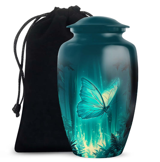 Jewel Teal Butterfly Cremation Urn angled view of lid and engraved motif - classic sculpted butterfly pattern on smooth aluminum - full-size 10 inch 200 cubic inch adult cremation urn
