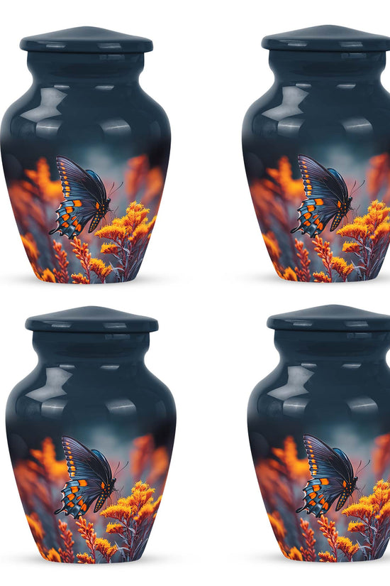Cobalt Blue Butterfly Cremation Urn side profile showing urn shape - traditional butterfly engraving with hand-polished finish - 10 inch aluminum urn for cremated remains