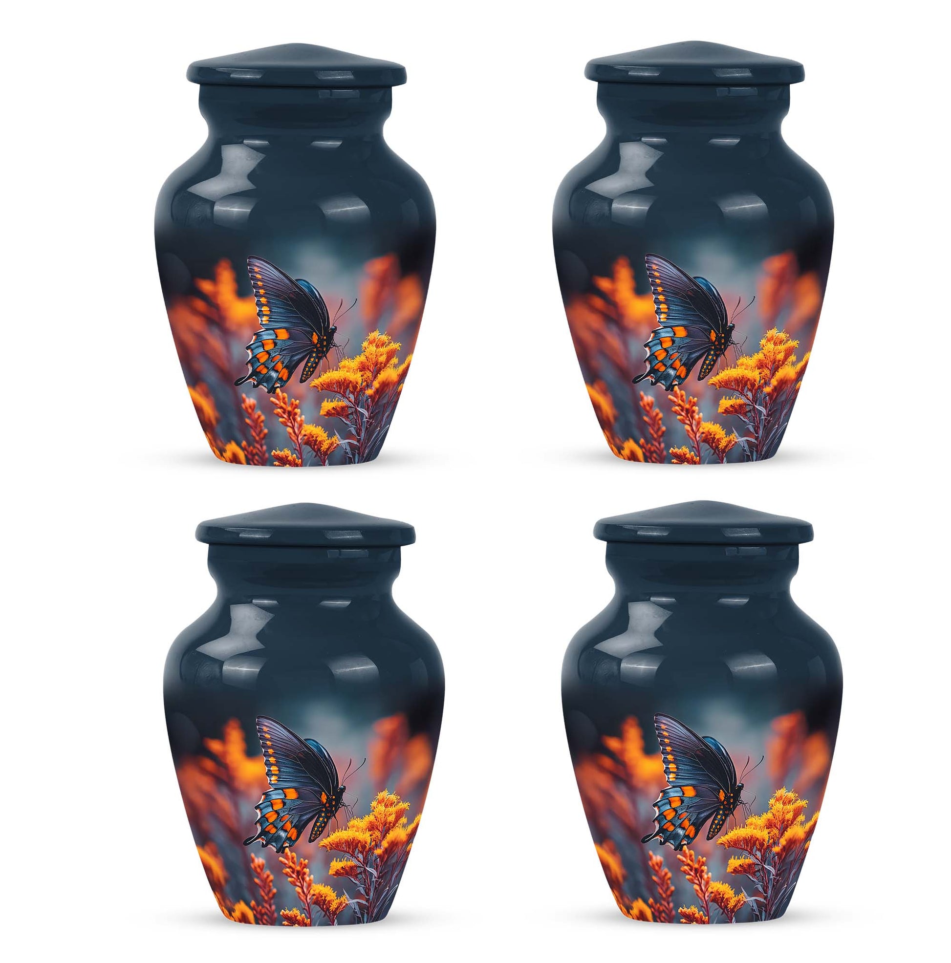 Cobalt Blue Butterfly Cremation Urn side profile showing urn shape - traditional butterfly engraving with hand-polished finish - 10 inch aluminum urn for cremated remains