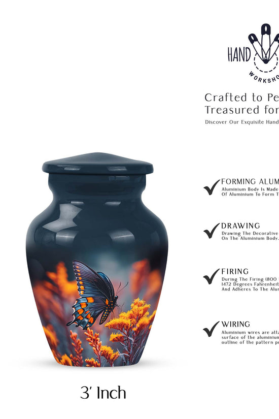 Vivid Blue Butterfly Cremation Urn close-up of engraving and surface detail - elegant classic butterfly relief with fine detailing - mini keepsake memorial for portion of cremation ashes