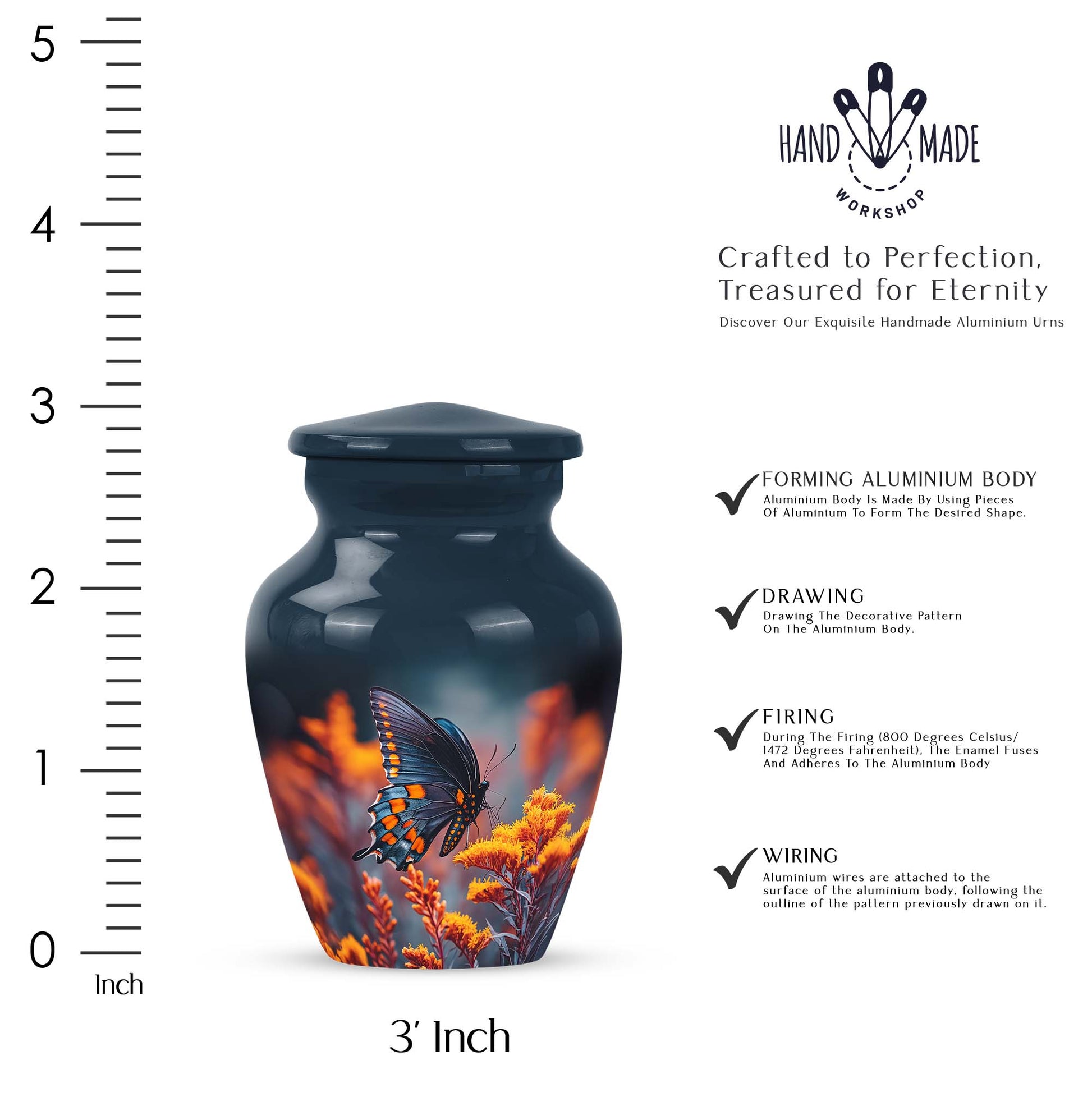 Vivid Blue Butterfly Cremation Urn close-up of engraving and surface detail - elegant classic butterfly relief with fine detailing - mini keepsake memorial for portion of cremation ashes