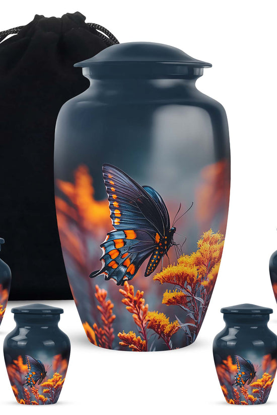 Celestial Blue Butterfly Cremation Urn top-down view of secure threaded lid - classic sculpted butterfly pattern on smooth aluminum - memorial set with one large and four small urns