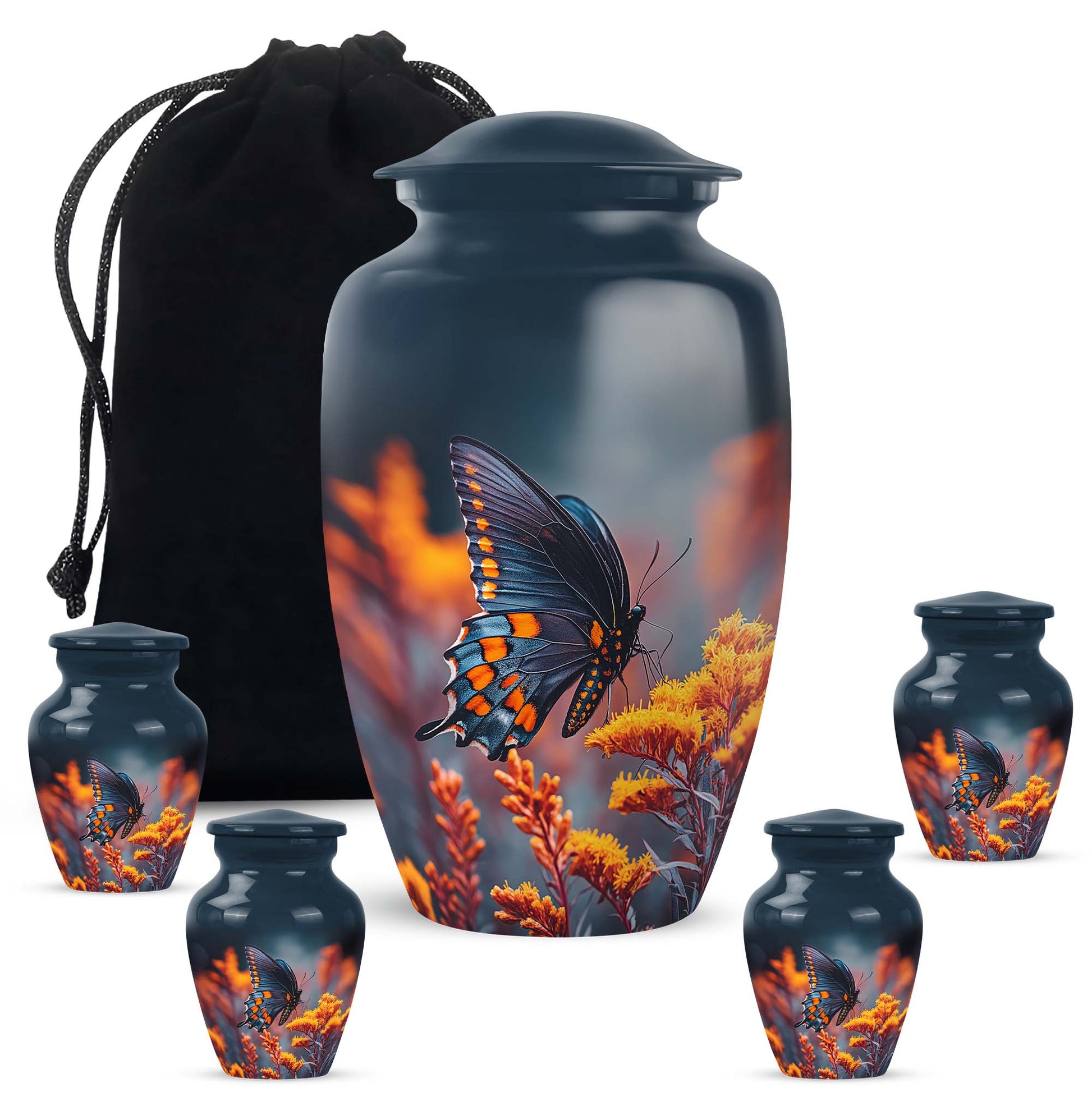 Celestial Blue Butterfly Cremation Urn top-down view of secure threaded lid - classic sculpted butterfly pattern on smooth aluminum - memorial set with one large and four small urns
