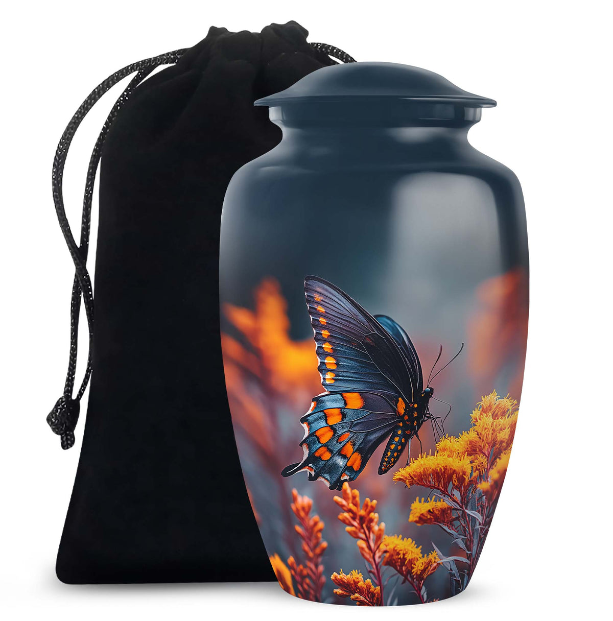 Sky Blue Butterfly Cremation Urn angled view of lid and engraved motif - timeless butterfly motif etched into premium metal - full-size 10 inch 200 cubic inch adult cremation urn