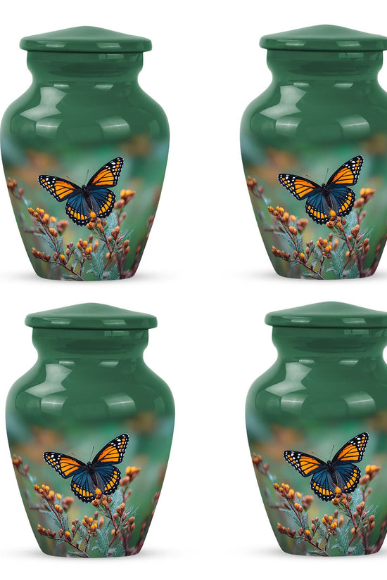 Hunter Green Butterfly Cremation Urn side profile showing urn shape - traditional butterfly engraving with hand-polished finish - 10 inch aluminum urn for cremated remains