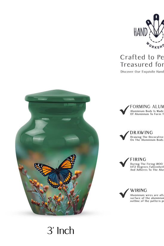Jade Green Butterfly Cremation Urn close-up of engraving and surface detail - classic sculpted butterfly pattern on smooth aluminum - mini keepsake memorial for portion of cremation ashes