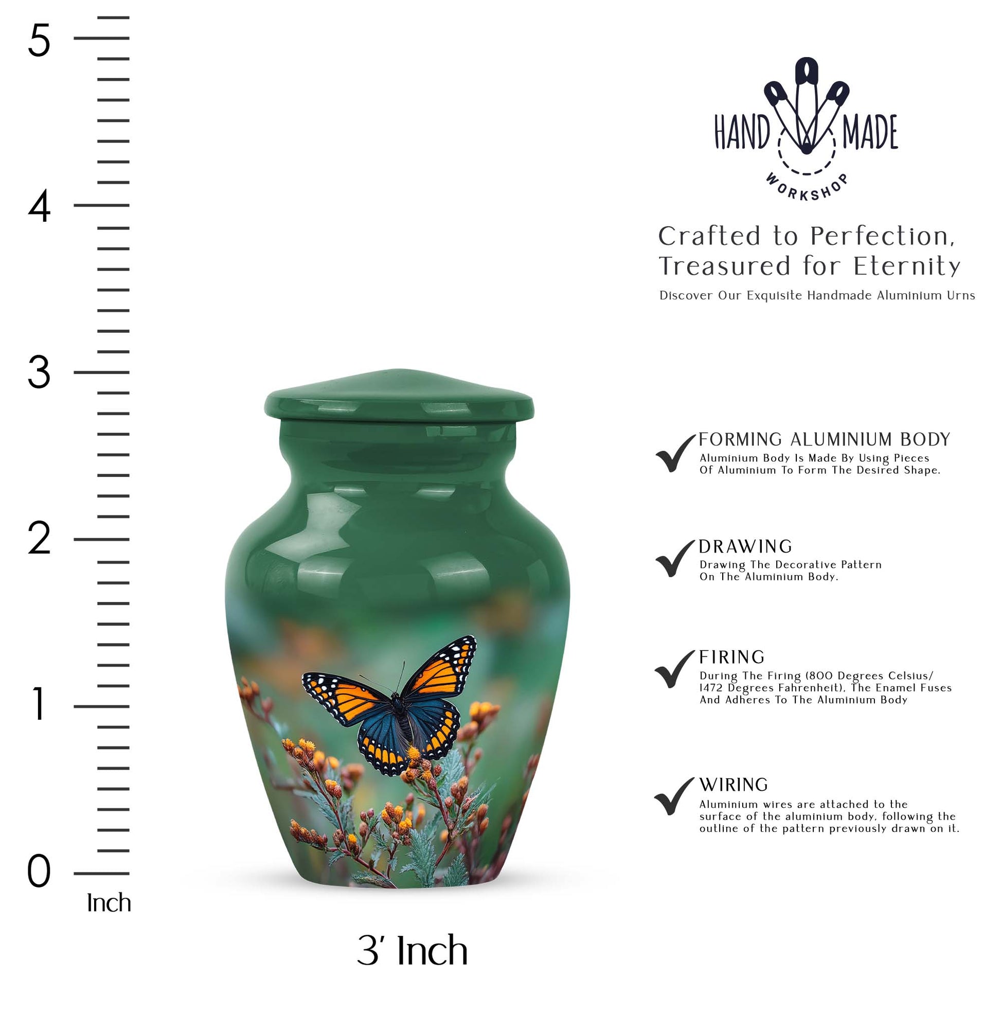 Jade Green Butterfly Cremation Urn close-up of engraving and surface detail - classic sculpted butterfly pattern on smooth aluminum - mini keepsake memorial for portion of cremation ashes