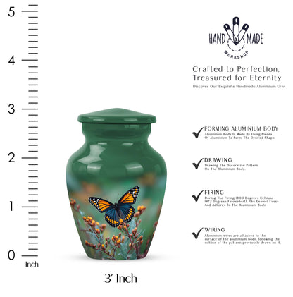 Jade Green Butterfly Cremation Urn close-up of engraving and surface detail - classic sculpted butterfly pattern on smooth aluminum - mini keepsake memorial for portion of cremation ashes