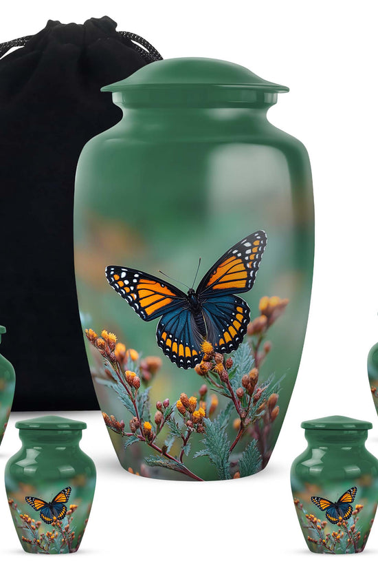 Emerald Green Butterfly Cremation Urn top-down view of secure threaded lid - timeless butterfly motif etched into premium metal - memorial set with one large and four small urns