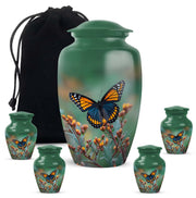 Emerald Green Butterfly Cremation Urn top-down view of secure threaded lid - timeless butterfly motif etched into premium metal - memorial set with one large and four small urns
