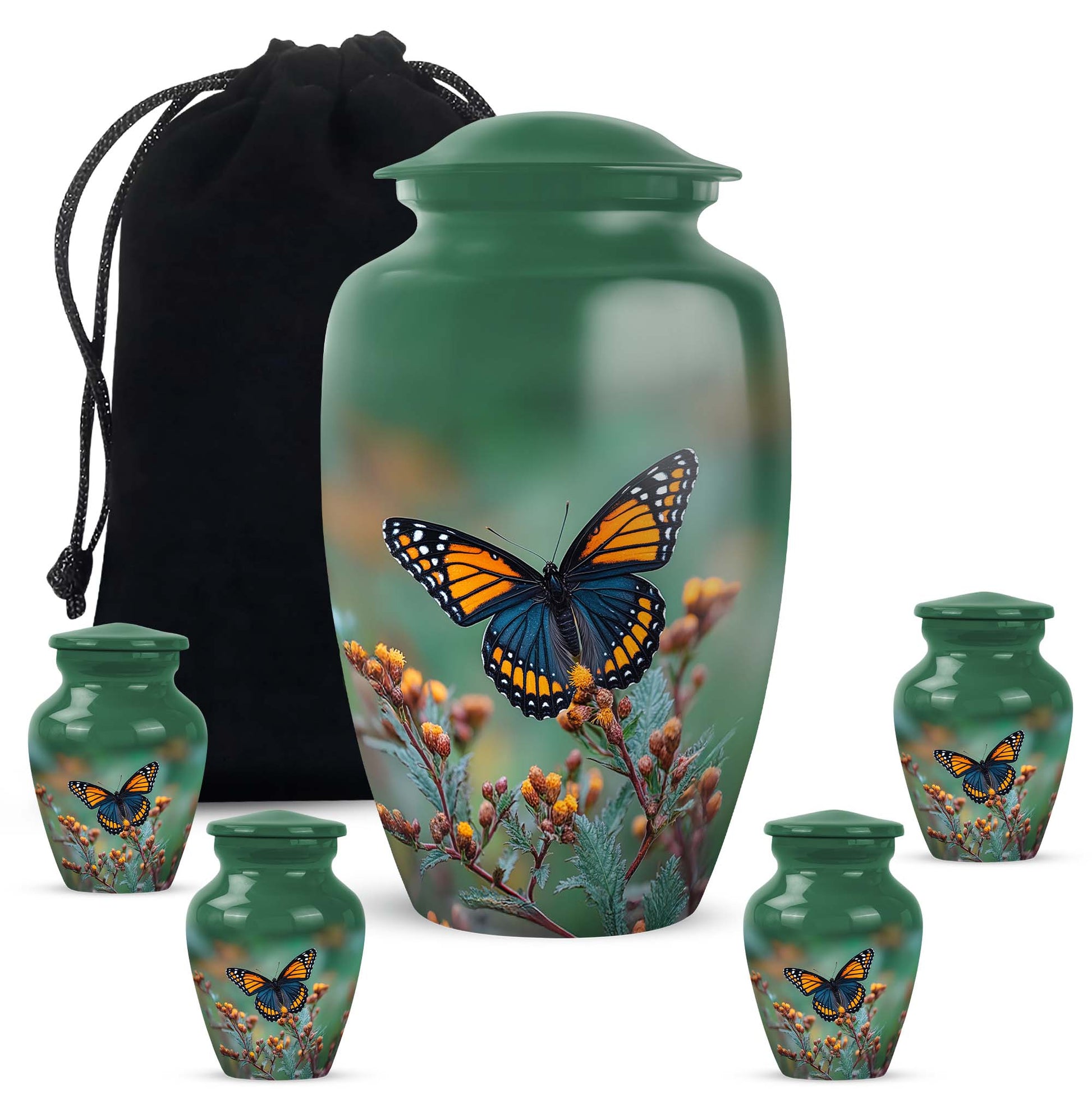 Emerald Green Butterfly Cremation Urn top-down view of secure threaded lid - timeless butterfly motif etched into premium metal - memorial set with one large and four small urns