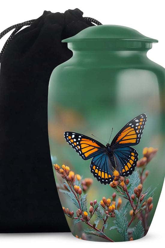 Forest Green Butterfly Cremation Urn angled view of lid and engraved motif - elegant classic butterfly relief with fine detailing - full-size 10 inch 200 cubic inch adult cremation urn