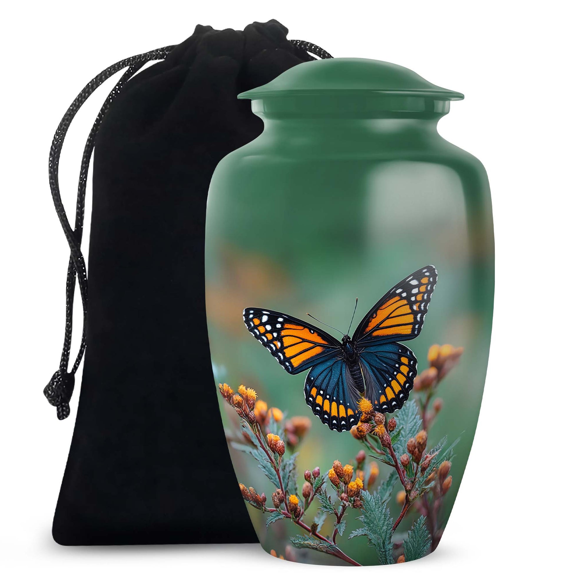 Forest Green Butterfly Cremation Urn angled view of lid and engraved motif - elegant classic butterfly relief with fine detailing - full-size 10 inch 200 cubic inch adult cremation urn
