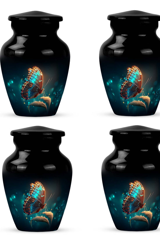 Midnight Black Butterfly Cremation Urn side profile showing urn shape - traditional butterfly engraving with hand-polished finish - 10 inch aluminum urn for cremated remains