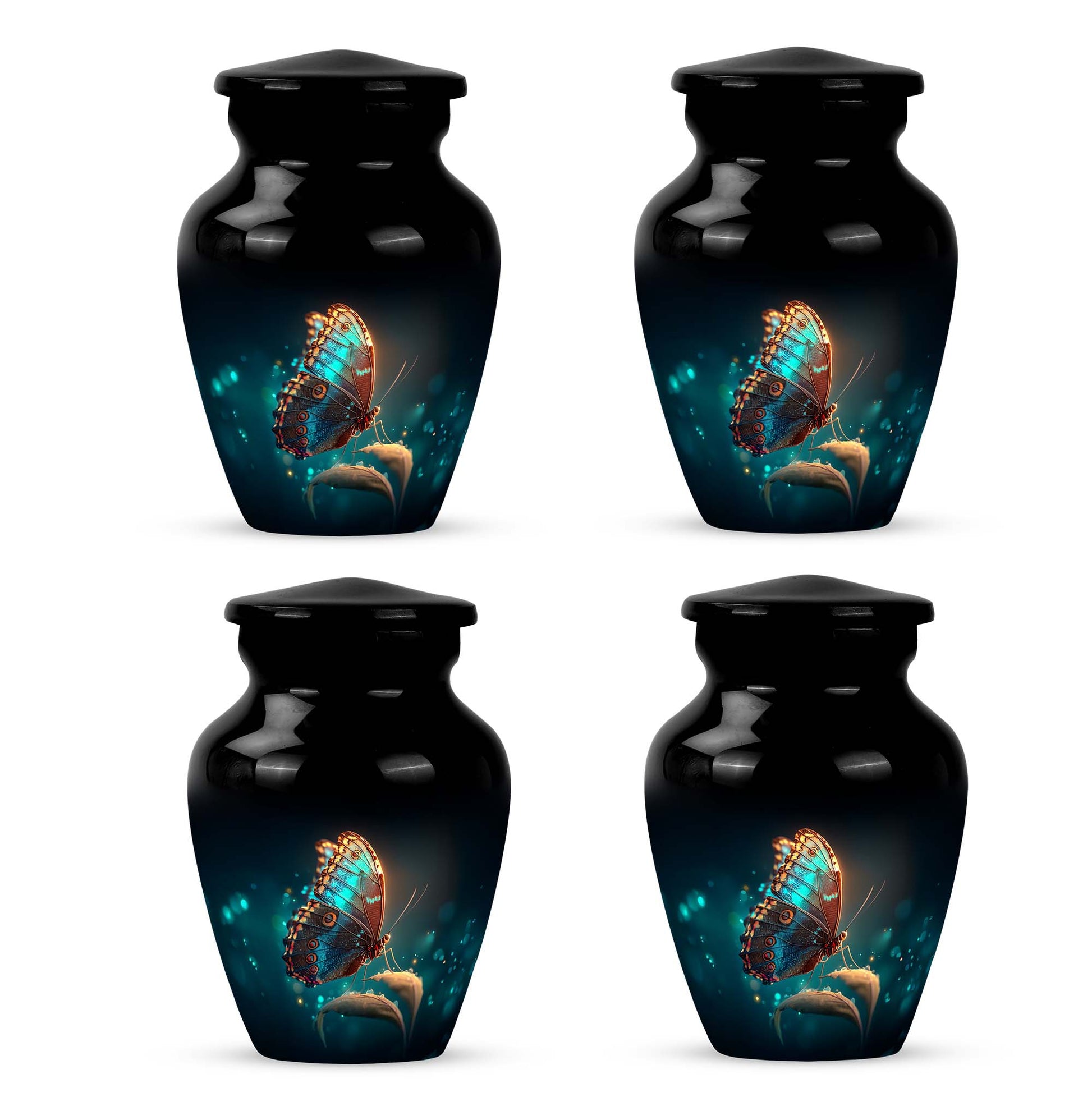 Midnight Black Butterfly Cremation Urn side profile showing urn shape - traditional butterfly engraving with hand-polished finish - 10 inch aluminum urn for cremated remains