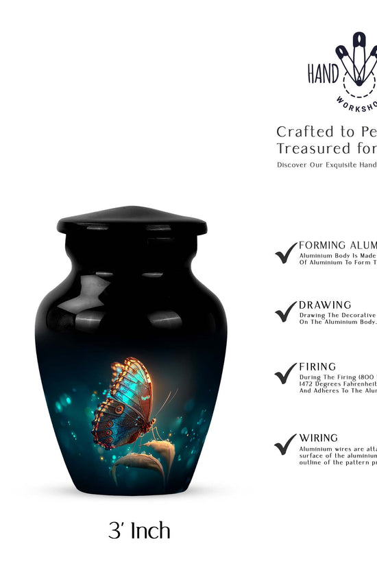 Onyx Black Butterfly Cremation Urn close-up of engraving and surface detail - traditional butterfly engraving with hand-polished finish - mini keepsake memorial for portion of cremation ashes