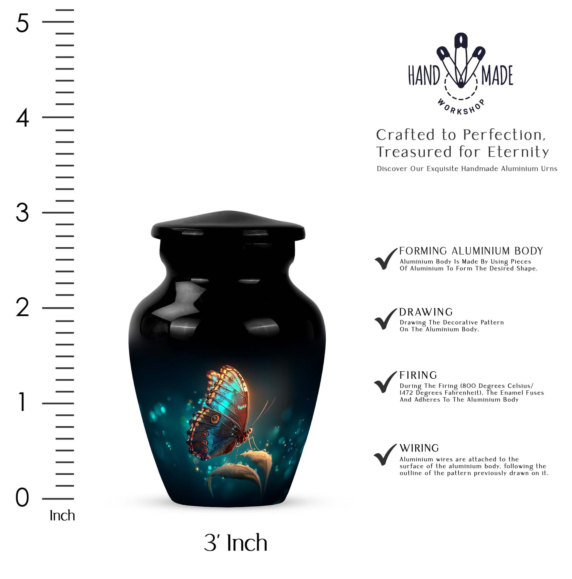 Onyx Black Butterfly Cremation Urn close-up of engraving and surface detail - traditional butterfly engraving with hand-polished finish - mini keepsake memorial for portion of cremation ashes
