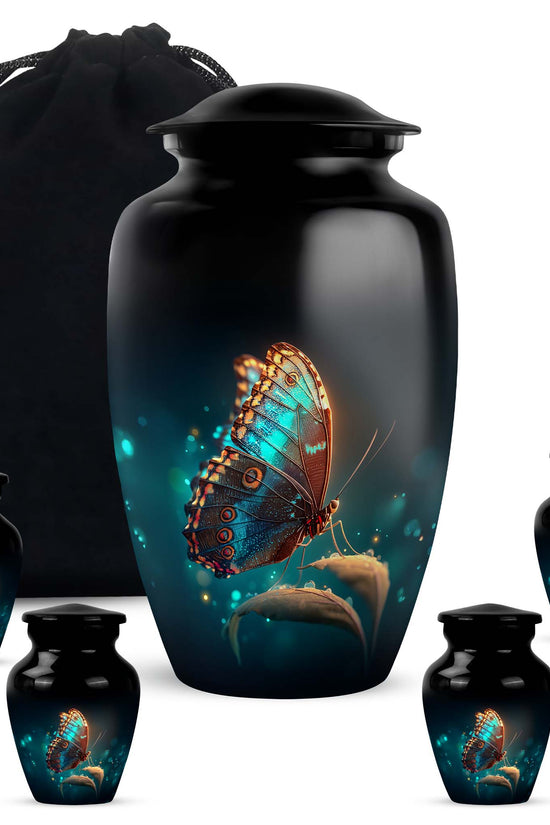 Jet Black Butterfly Cremation Urn top-down view of secure threaded lid - timeless butterfly motif etched into premium metal - memorial set with one large and four small urns