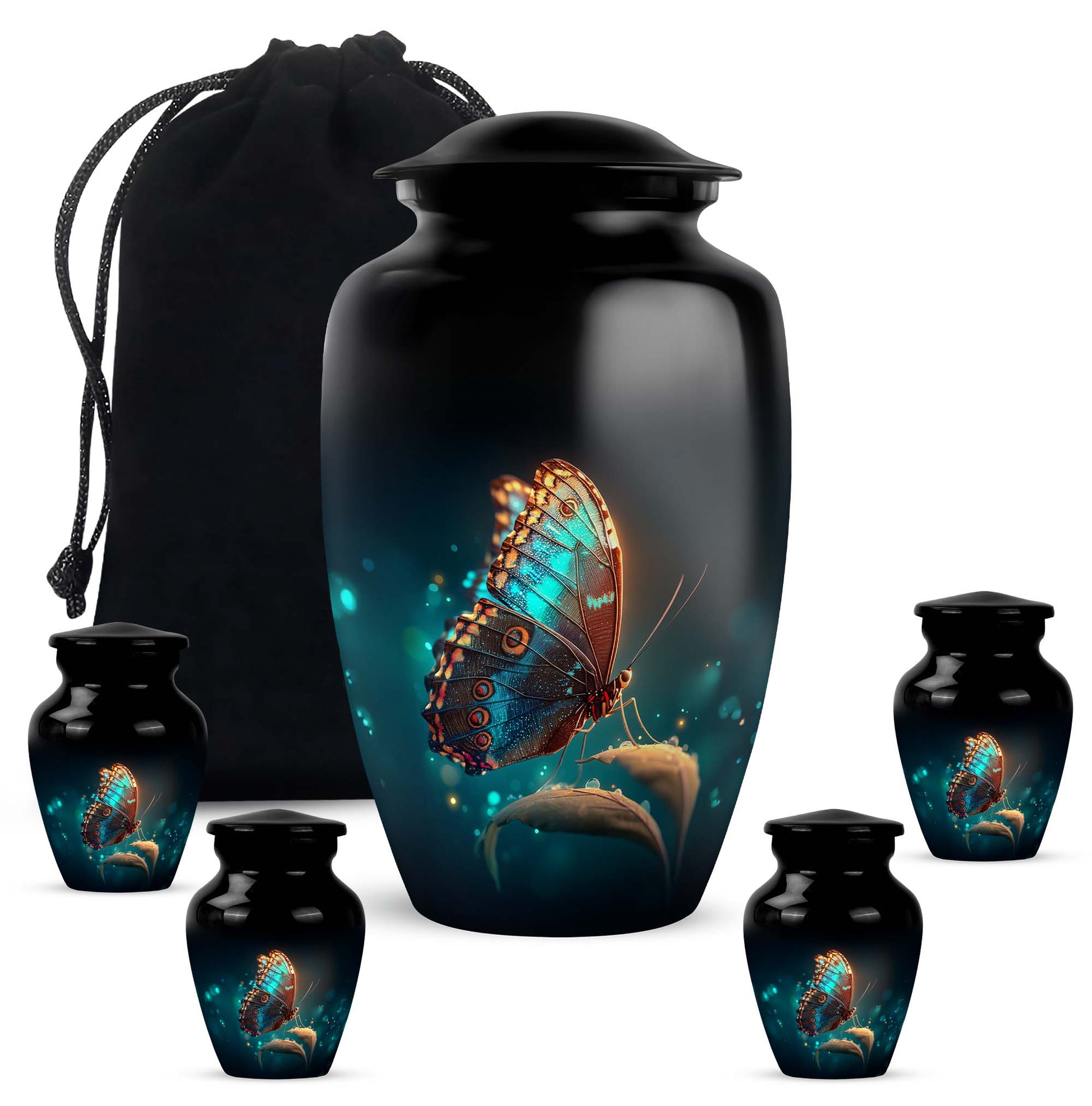 Jet Black Butterfly Cremation Urn top-down view of secure threaded lid - timeless butterfly motif etched into premium metal - memorial set with one large and four small urns