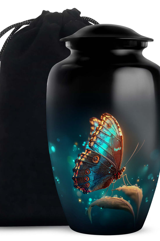Glossy Black Butterfly Cremation Urn angled view of lid and engraved motif - timeless butterfly motif etched into premium metal - full-size 10 inch 200 cubic inch adult cremation urn