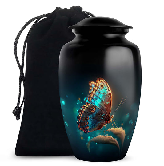 Glossy Black Butterfly Cremation Urn angled view of lid and engraved motif - timeless butterfly motif etched into premium metal - full-size 10 inch 200 cubic inch adult cremation urn