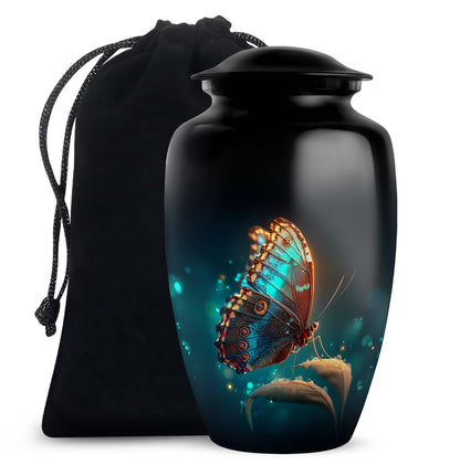 Glossy Black Butterfly Cremation Urn angled view of lid and engraved motif - timeless butterfly motif etched into premium metal - full-size 10 inch 200 cubic inch adult cremation urn