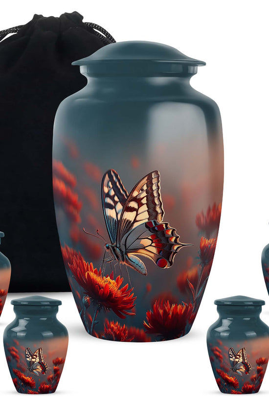 Powder Blue Butterfly Cremation Urn top-down view of secure threaded lid - classic sculpted butterfly pattern on smooth aluminum - memorial set with one large and four small urns