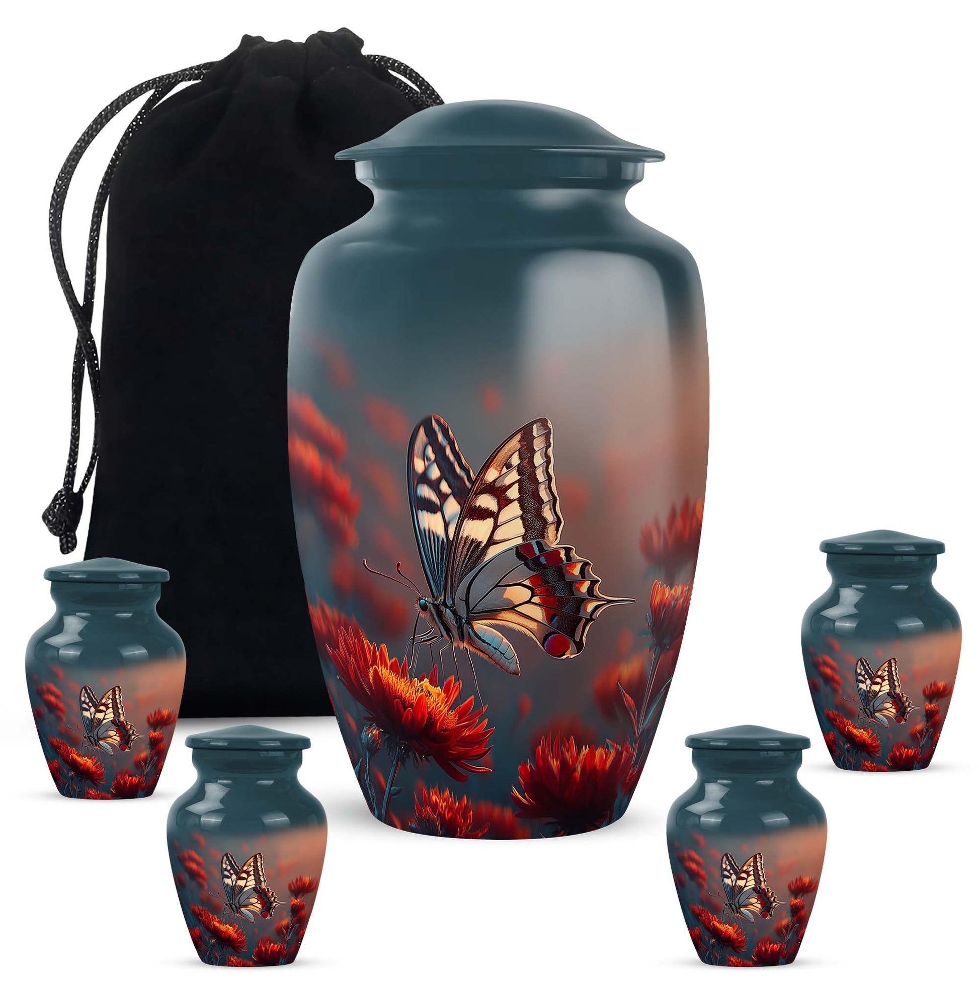Powder Blue Butterfly Cremation Urn top-down view of secure threaded lid - classic sculpted butterfly pattern on smooth aluminum - memorial set with one large and four small urns