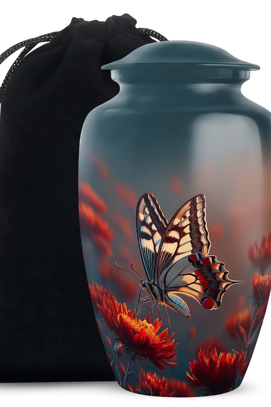 Sky Blue Butterfly Cremation Urn angled view of lid and engraved motif - classic sculpted butterfly pattern on smooth aluminum - full-size 10 inch 200 cubic inch adult cremation urn