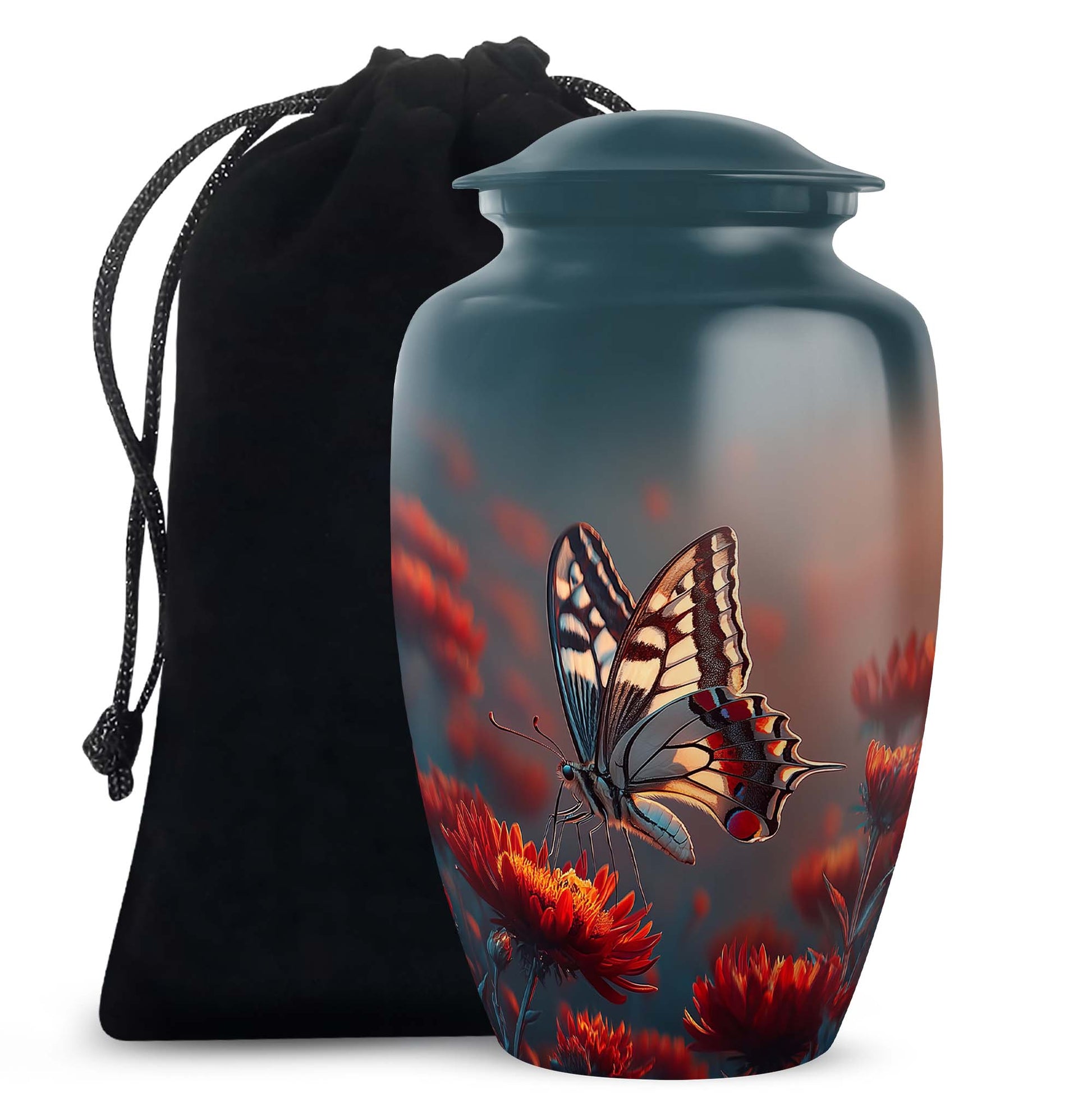 Sky Blue Butterfly Cremation Urn angled view of lid and engraved motif - classic sculpted butterfly pattern on smooth aluminum - full-size 10 inch 200 cubic inch adult cremation urn