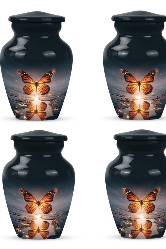 Sky Blue Butterfly Cremation Urn side profile showing urn shape - timeless butterfly motif etched into premium metal - 10 inch aluminum urn for cremated remains