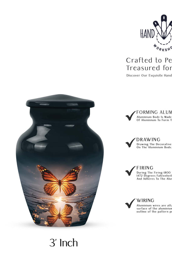Bright Blue Butterfly Cremation Urn close-up of engraving and surface detail - elegant classic butterfly relief with fine detailing - mini keepsake memorial for portion of cremation ashes