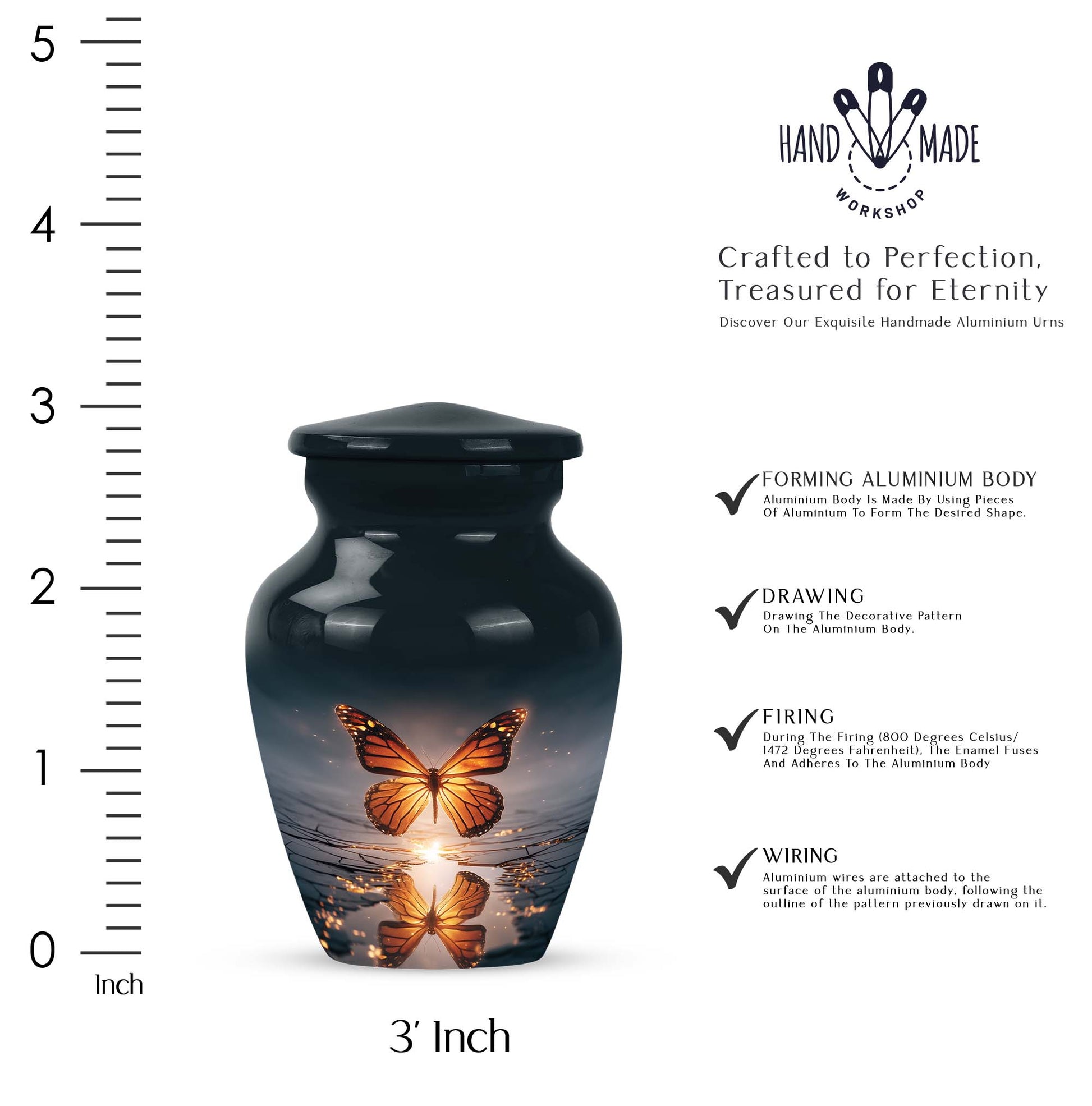 Bright Blue Butterfly Cremation Urn close-up of engraving and surface detail - elegant classic butterfly relief with fine detailing - mini keepsake memorial for portion of cremation ashes