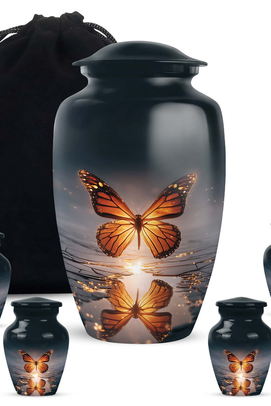 Powder Blue Butterfly Cremation Urn top-down view of secure threaded lid - classic sculpted butterfly pattern on smooth aluminum - memorial set with one large and four small urns