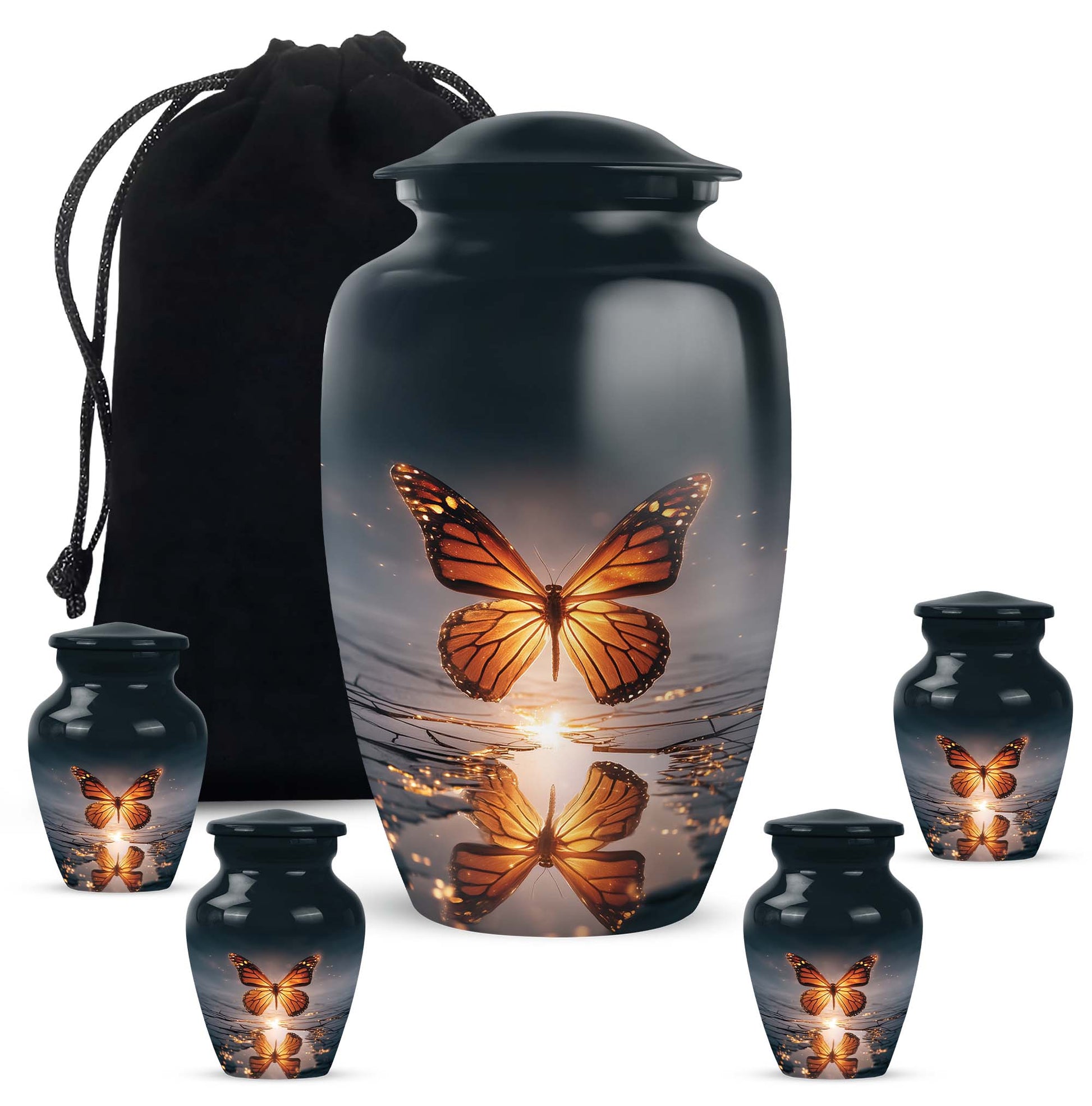 Powder Blue Butterfly Cremation Urn top-down view of secure threaded lid - classic sculpted butterfly pattern on smooth aluminum - memorial set with one large and four small urns