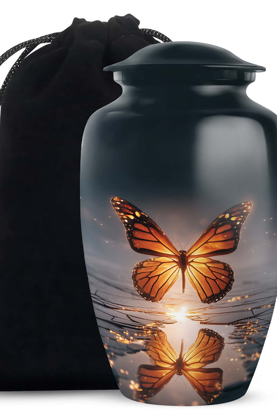 Pastel Blue Butterfly Cremation Urn angled view of lid and engraved motif - timeless butterfly motif etched into premium metal - full-size 10 inch 200 cubic inch adult cremation urn