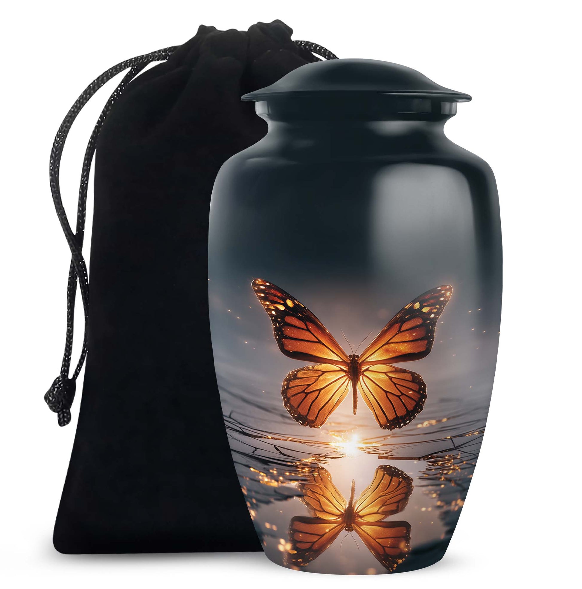 Pastel Blue Butterfly Cremation Urn angled view of lid and engraved motif - timeless butterfly motif etched into premium metal - full-size 10 inch 200 cubic inch adult cremation urn