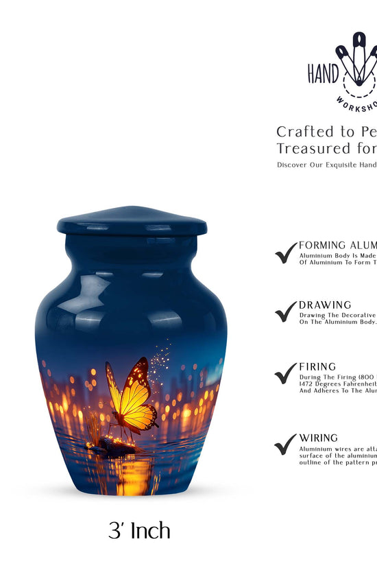 Sky Blue Butterfly Cremation Urn close-up of engraving and surface detail - classic sculpted butterfly pattern on smooth aluminum - mini keepsake memorial for portion of cremation ashes